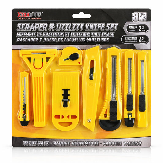 Packaged XtraTuff scraper and utility knife set with yellow tools on a black and orange background.