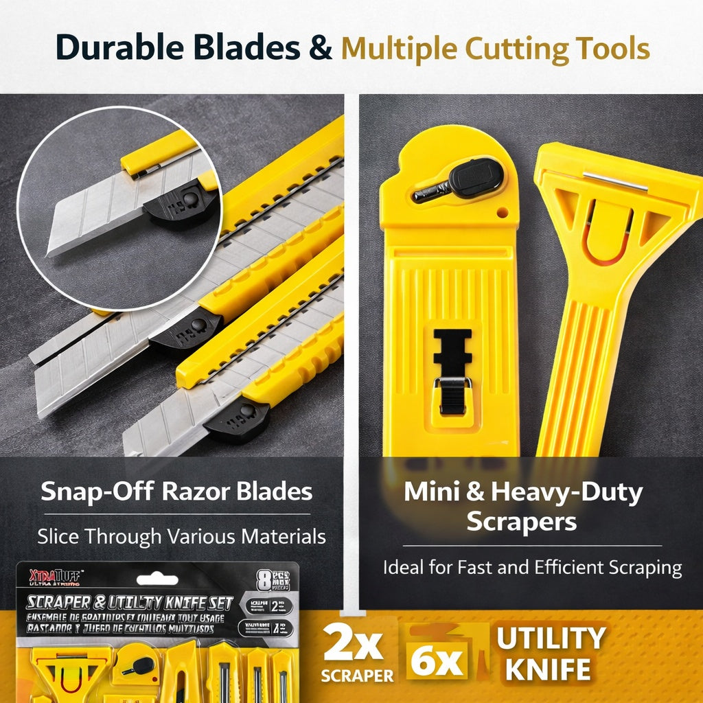 Utility knife set with snap-off razor blades and mini & heavy-duty scrapers on a dark background.
