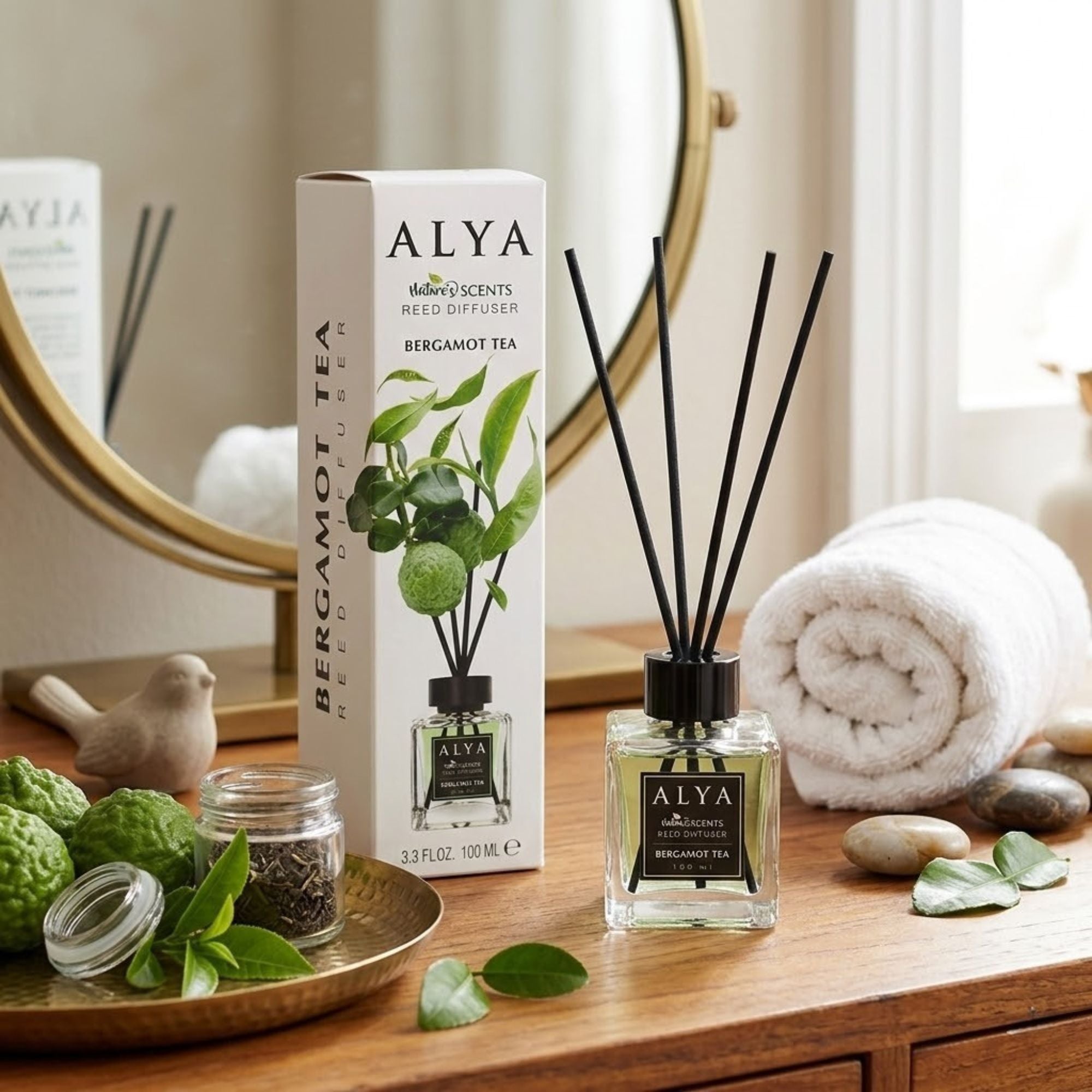 3.3oz ALYA Nature Scents Bergamot Tea Reed Diffuser lifestyle use image