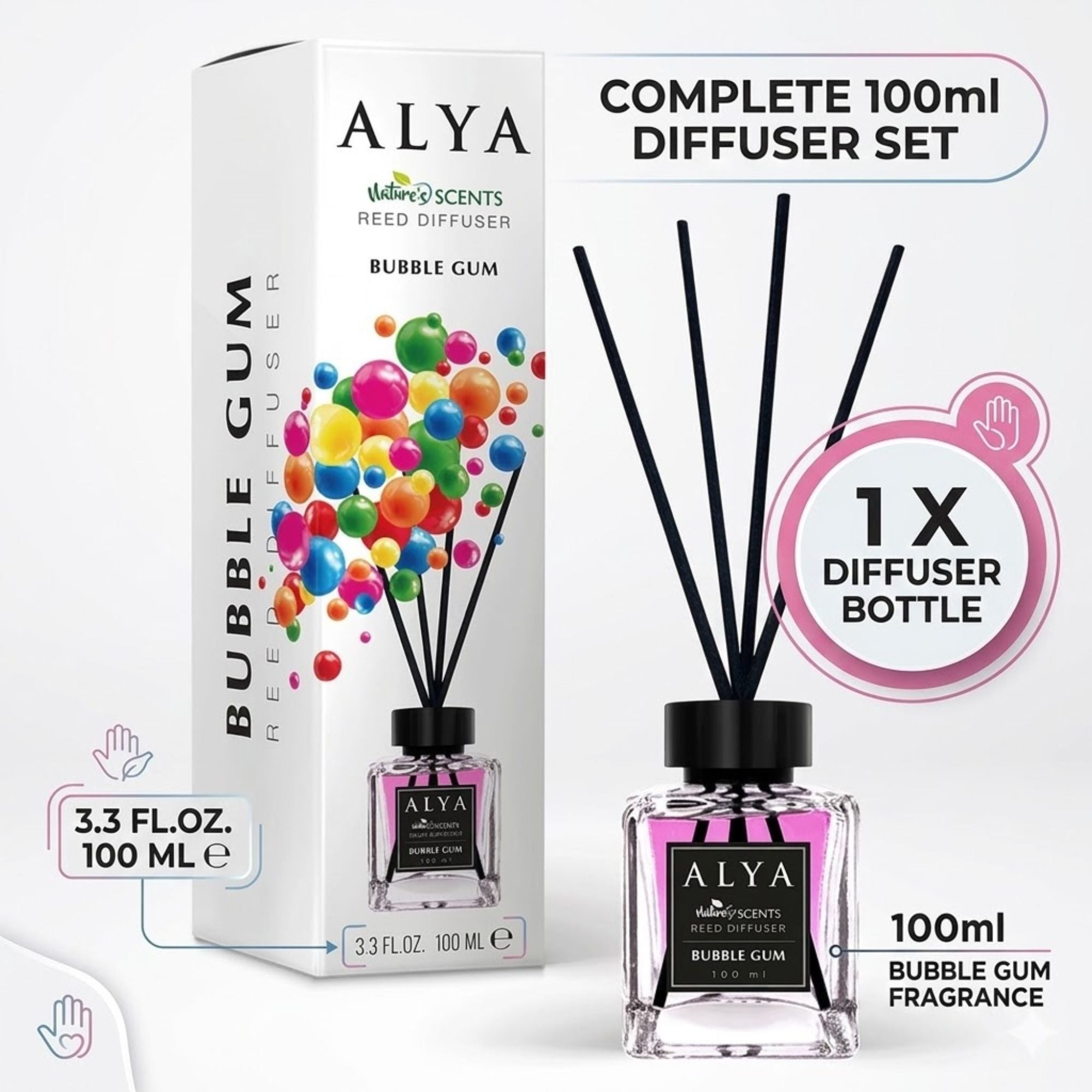 3.3oz ALYA Nature Scents Bubble Gum Reed Diffuser product detail image