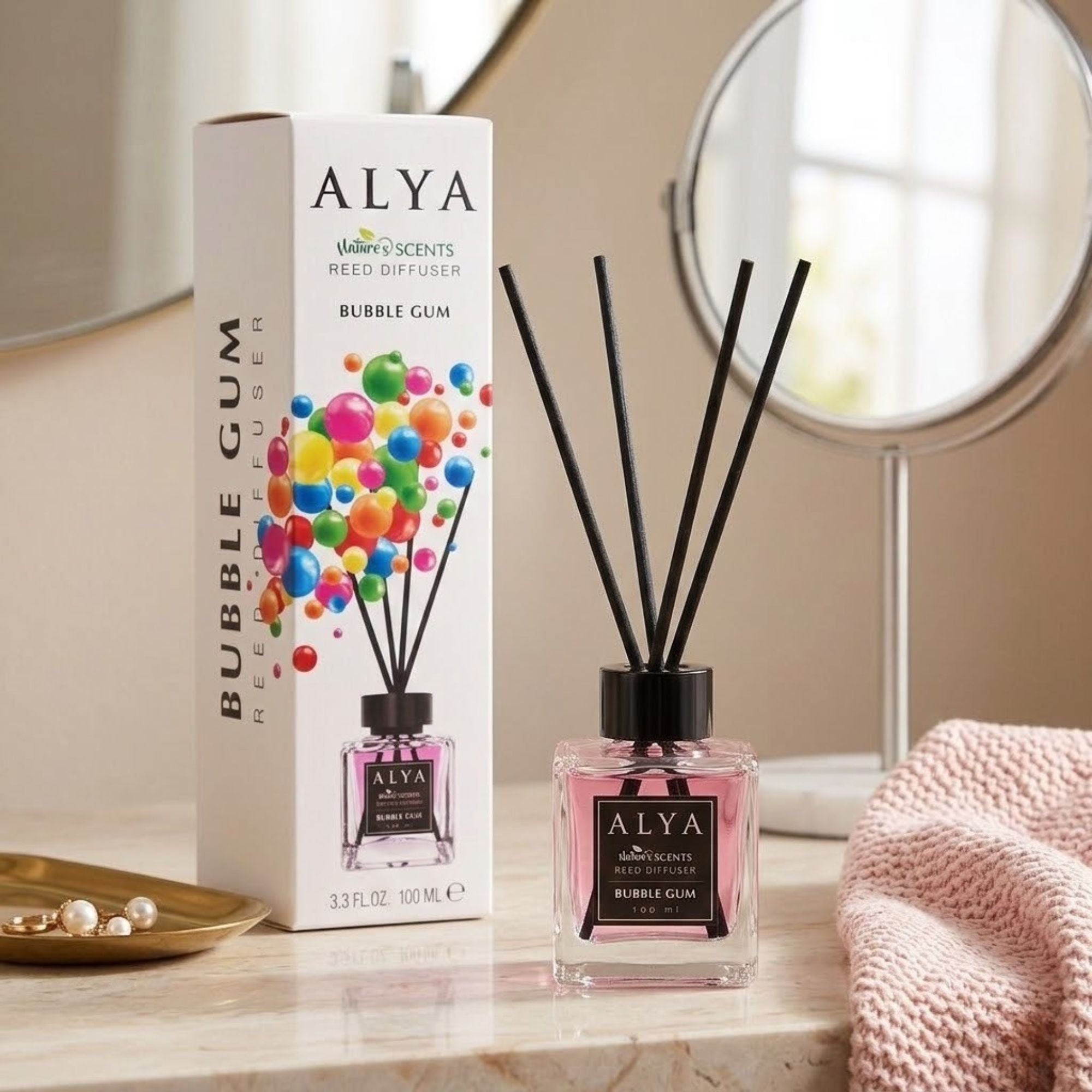 3.3oz ALYA Nature Scents Bubble Gum Reed Diffuser lifestyle use image