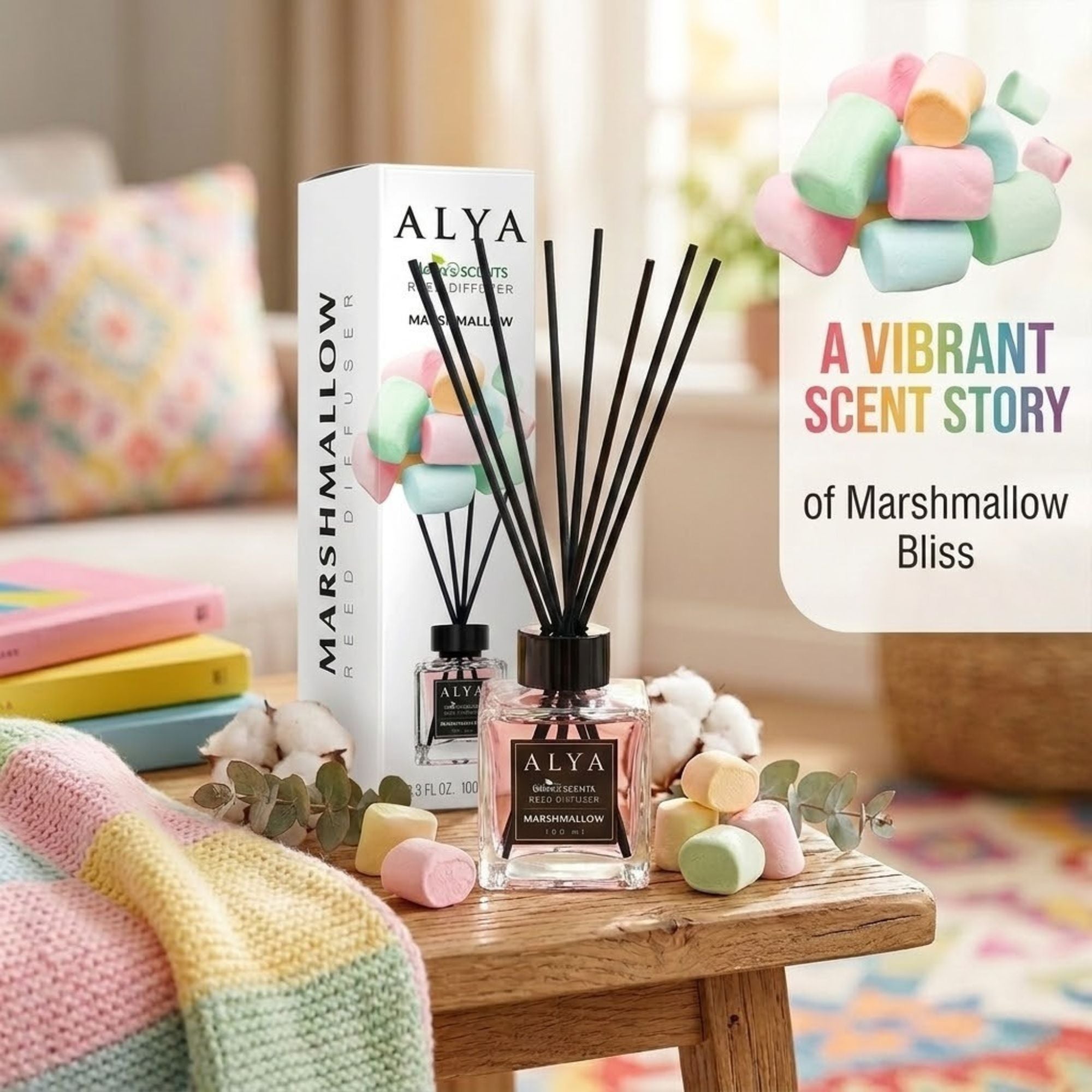 3.3oz ALYA Sweet Marshmallow Reed Diffuser Home Scent size and feature image