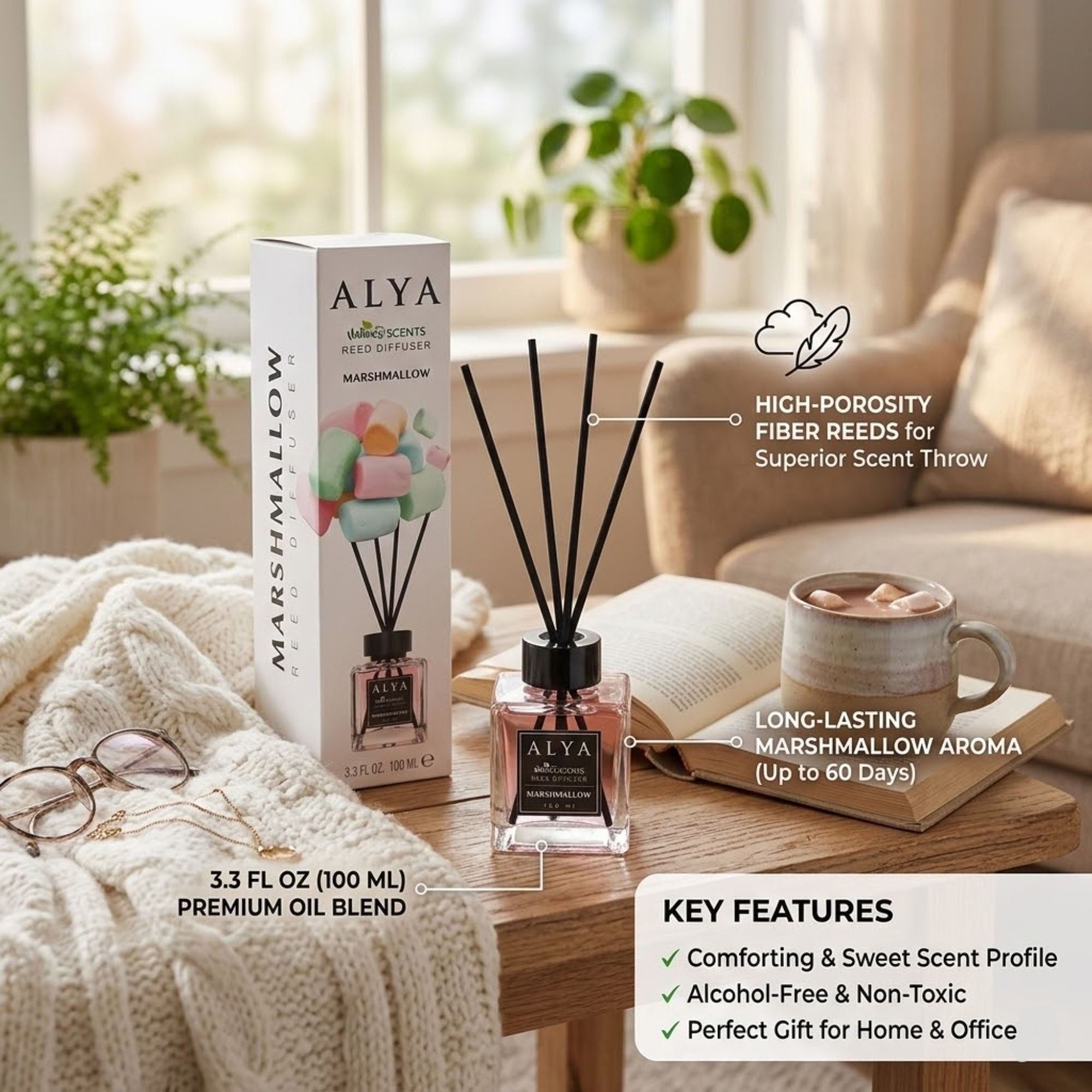 3.3oz ALYA Sweet Marshmallow Reed Diffuser Home Scent lifestyle use image