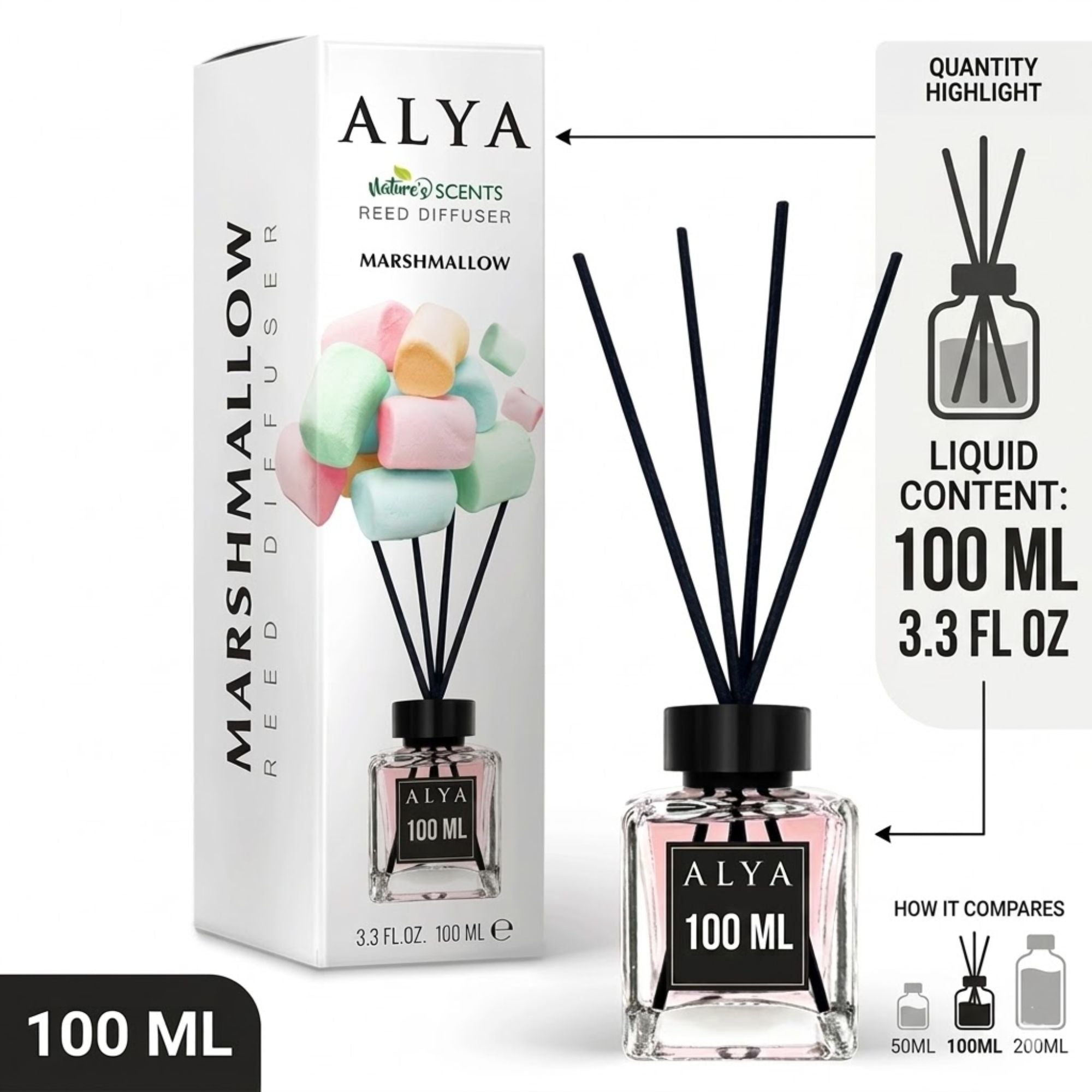 3.3oz ALYA Sweet Marshmallow Reed Diffuser Home Scent product detail image
