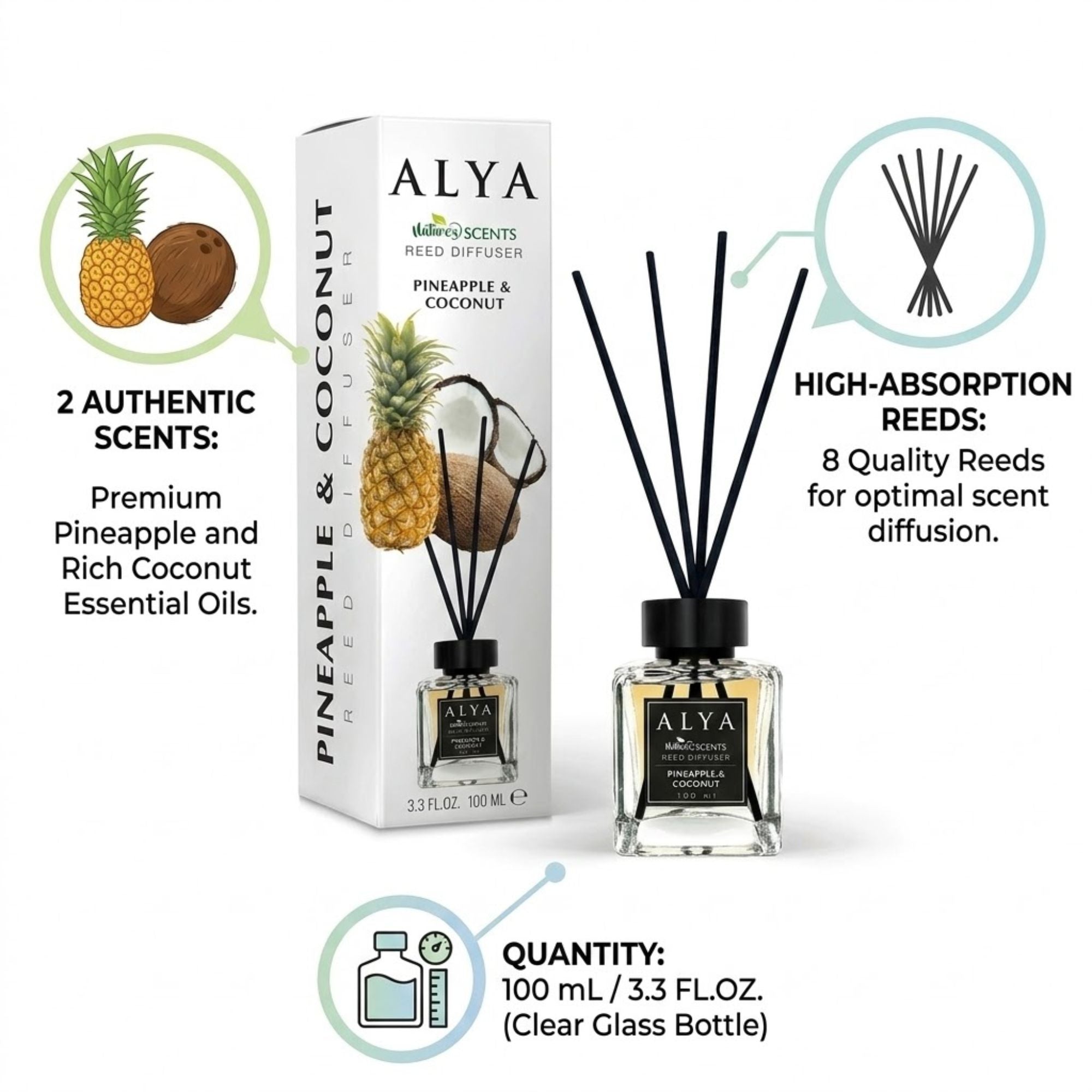 3.3oz ALYA Nature Scents Reed Diffuser Pineapple and Coconut Aromatherapy product detail image