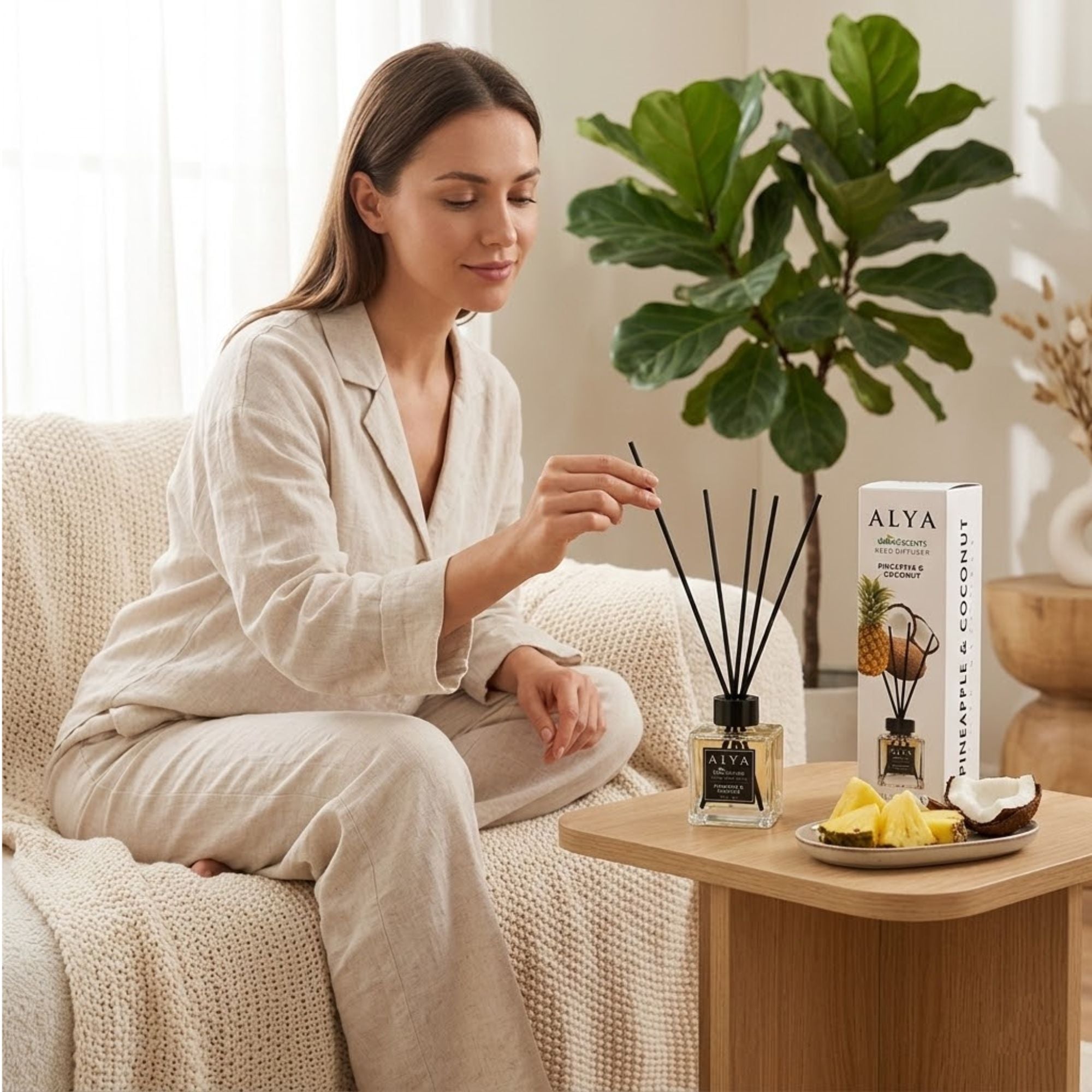 3.3oz ALYA Nature Scents Reed Diffuser Pineapple and Coconut Aromatherapy size and feature image