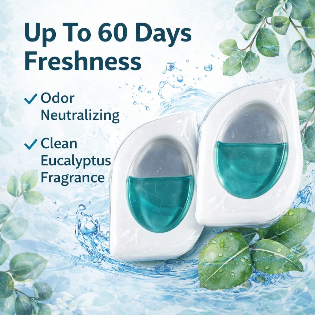 Two odor neutralizing products with eucalyptus fragrance on a water and leaf background.
