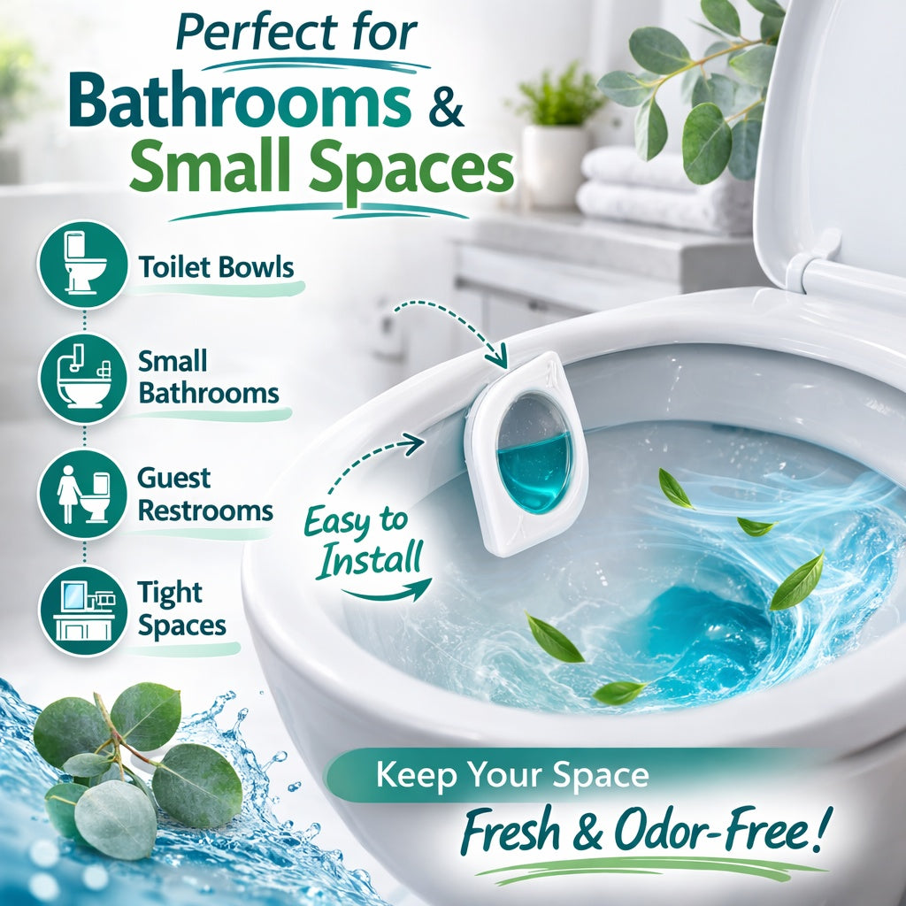Toilet bowl cleaner with text about its use in bathrooms and small spaces, featuring a close-up of a toilet bowl with water and leaves.