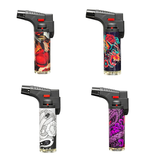 Four butane lighters with colorful designs on a white background