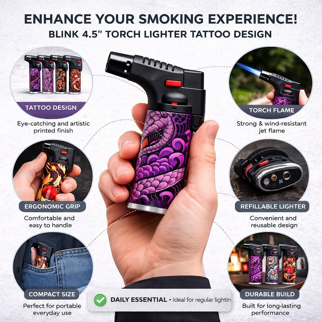 Torch lighter with tattoo design held in a hand, surrounded by features and benefits on a white background.