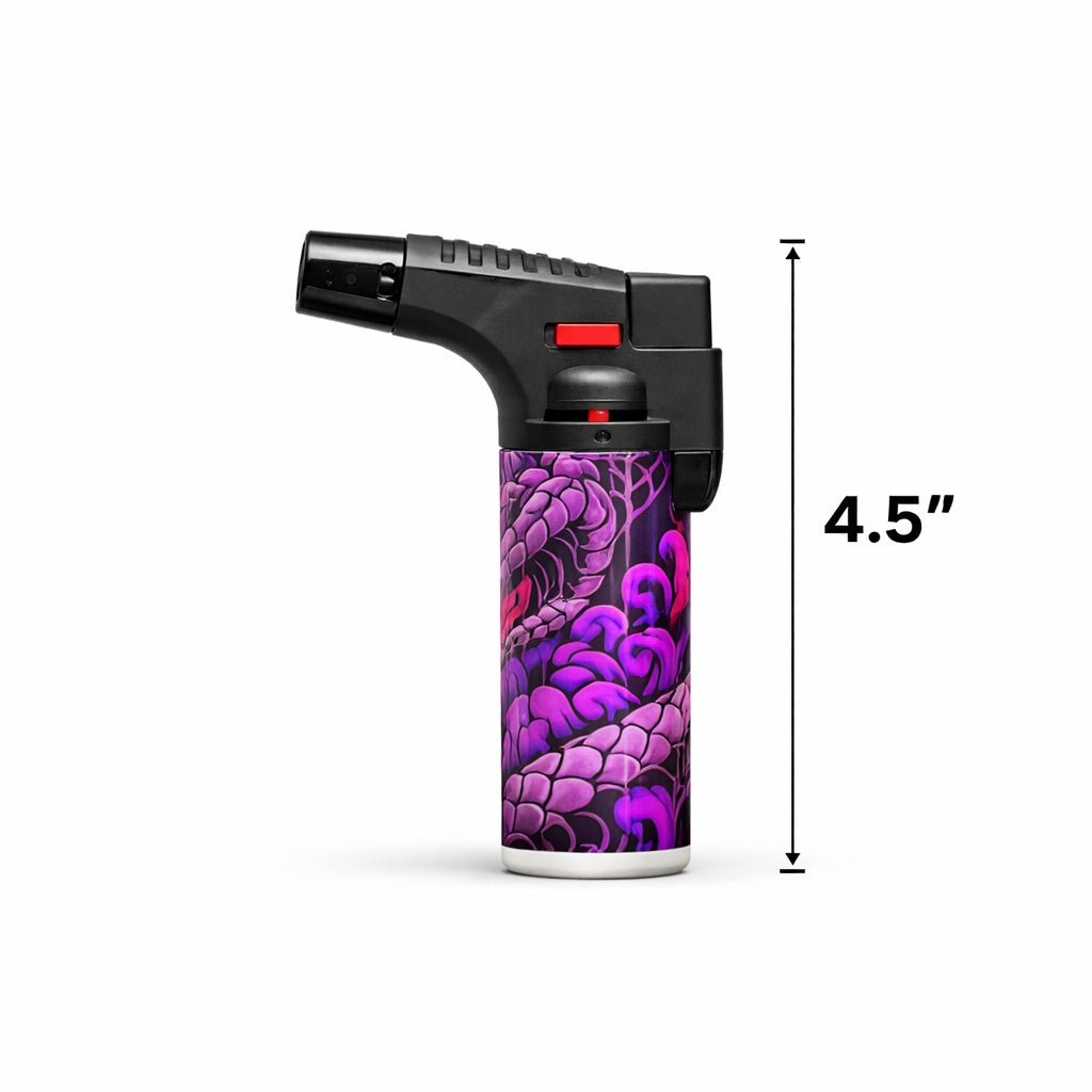 Butane lighter with purple dragon design and measurement label on a white background