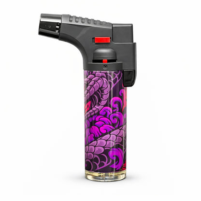 Butane lighter with purple dragon design on a white background