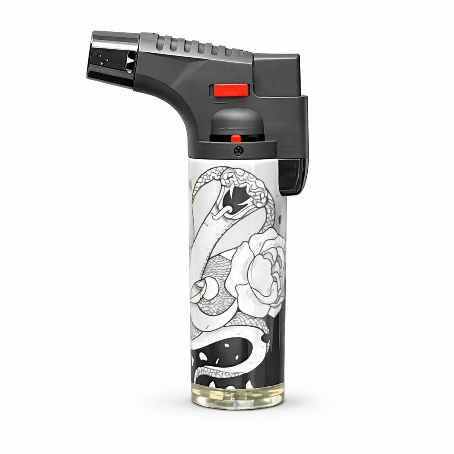 Butane lighter with artistic design on a white background