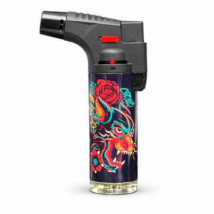 Butane lighter with a colorful tiger and rose design on a white background