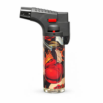 Butane lighter with artistic design on a white background