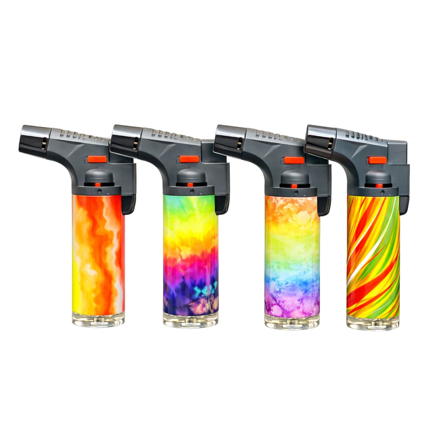 Blink 4.5-inch tie dye torch lighter with blue jet flame in front of a fireplace.