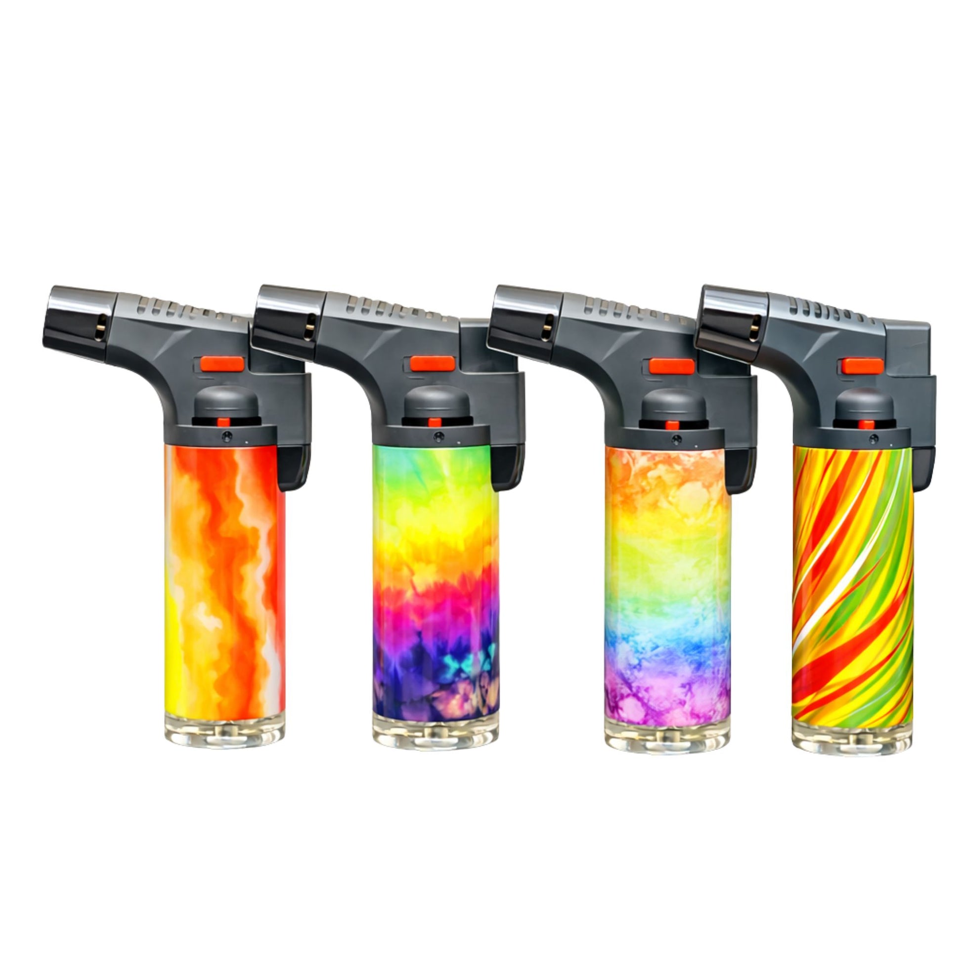 Blink 4.5-inch tie dye torch lighter with blue jet flame in front of a fireplace.