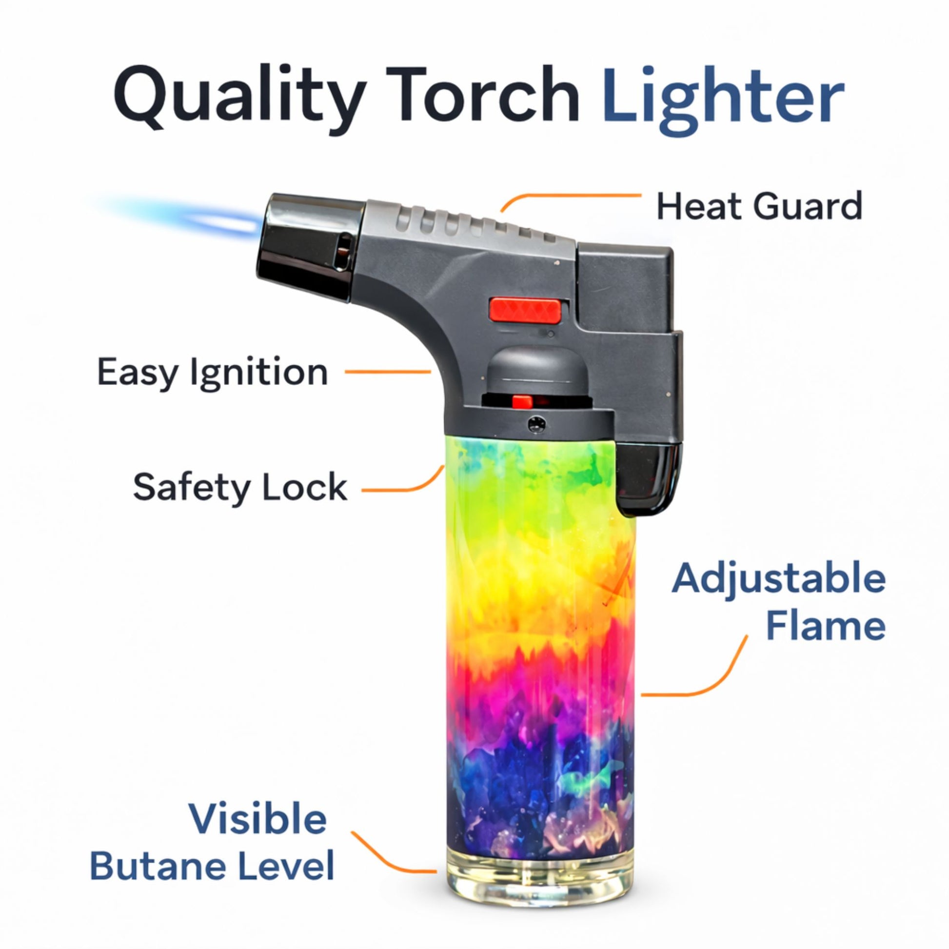 Blink 4.5-inch tie dye torch lighter with adjustable jet flame, safety lock, heat guard, easy ignition, and visible butane level.