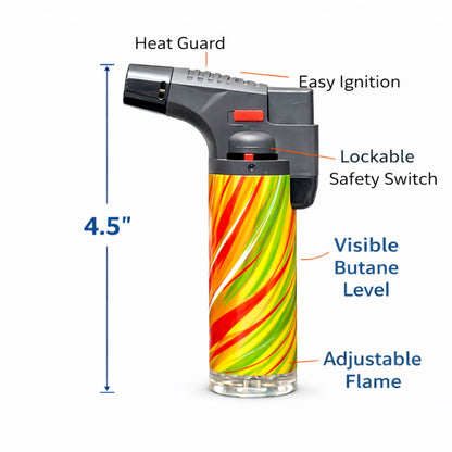 Blink 4.5-inch tie dye torch lighter with adjustable jet flame, safety lock, heat guard, easy ignition, and visible butane level.