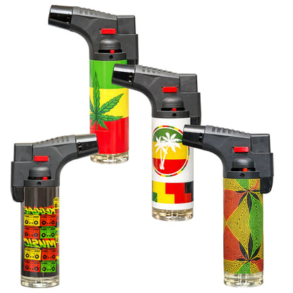 Three butane lighters with colorful designs on a white background