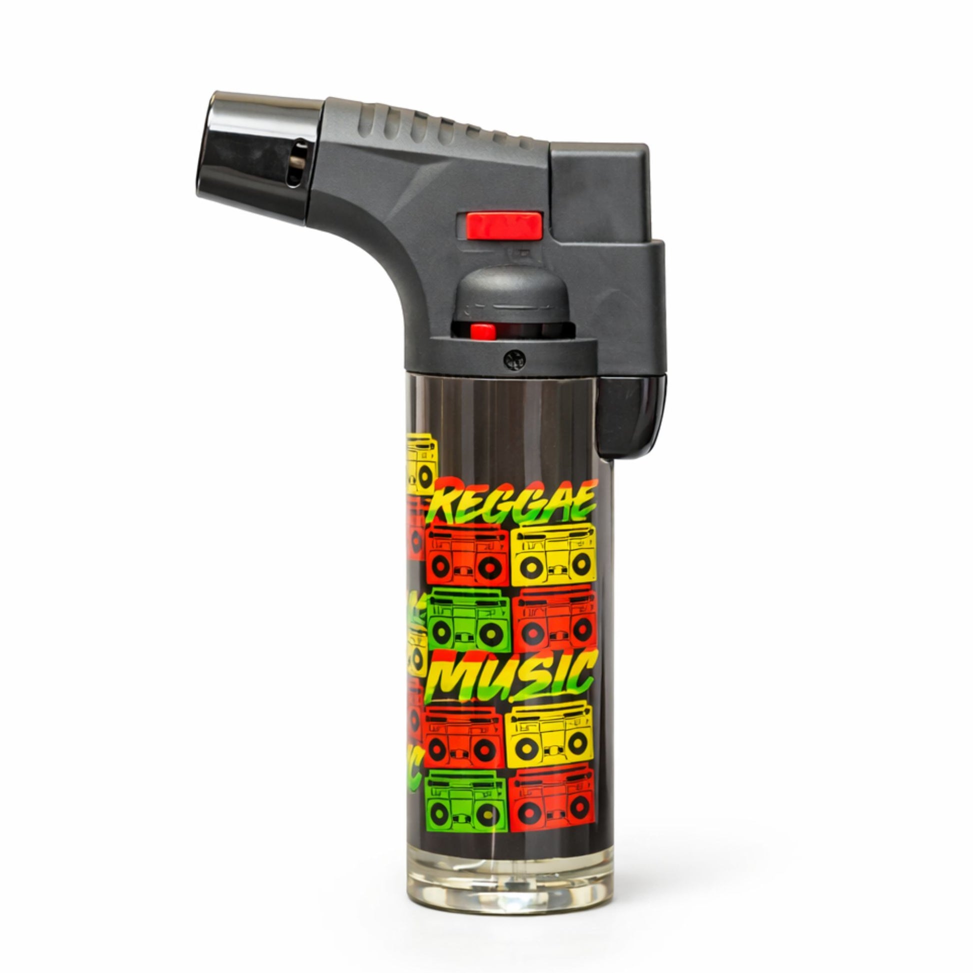 Butane lighter with 'Reggae Music' design on a white background