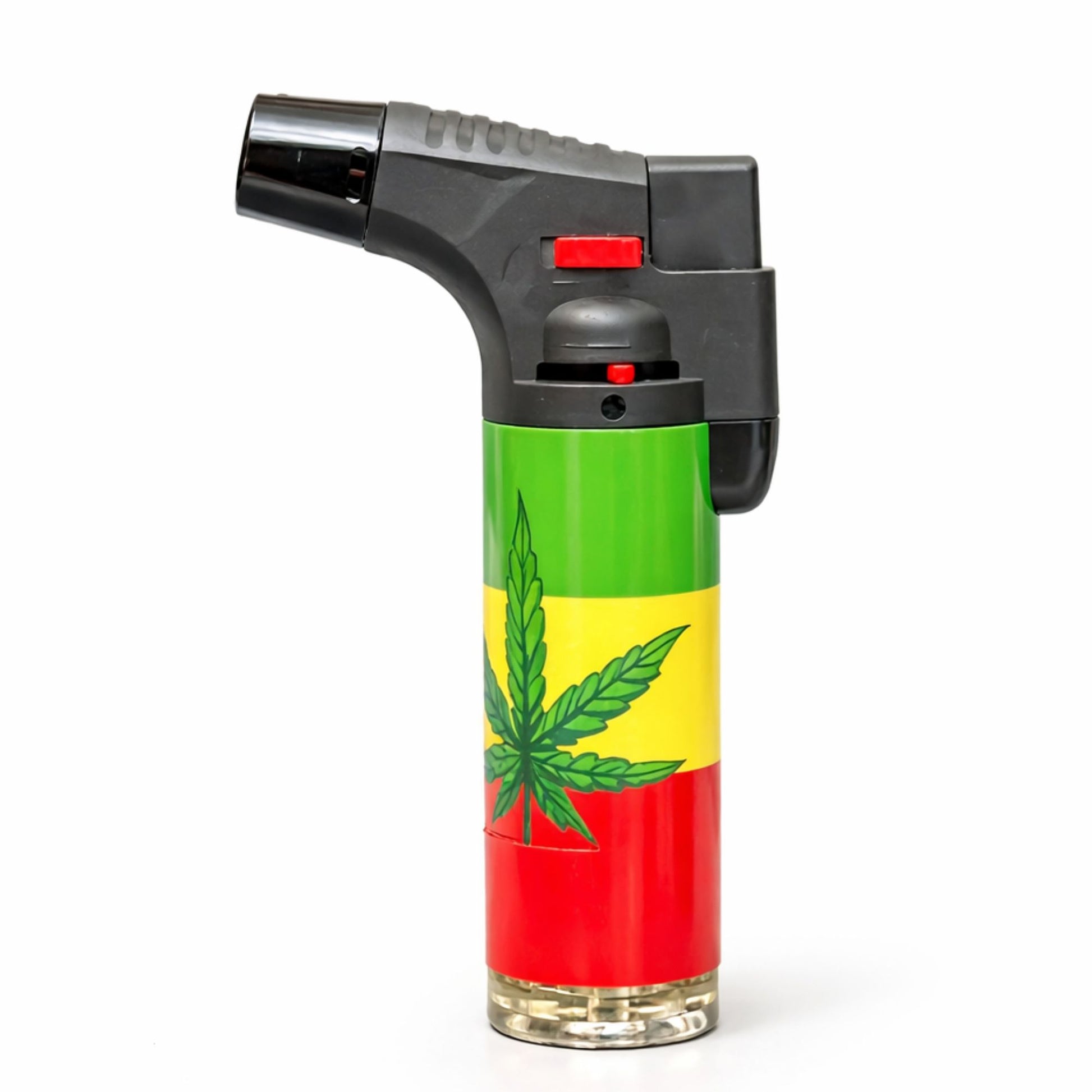 Butane lighter with Rastafarian flag design on a white background