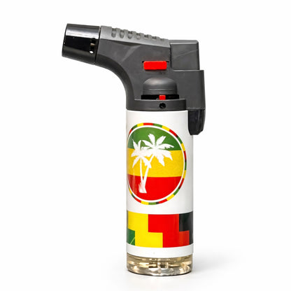 Butane lighter with a colorful design featuring a palm tree on a white background