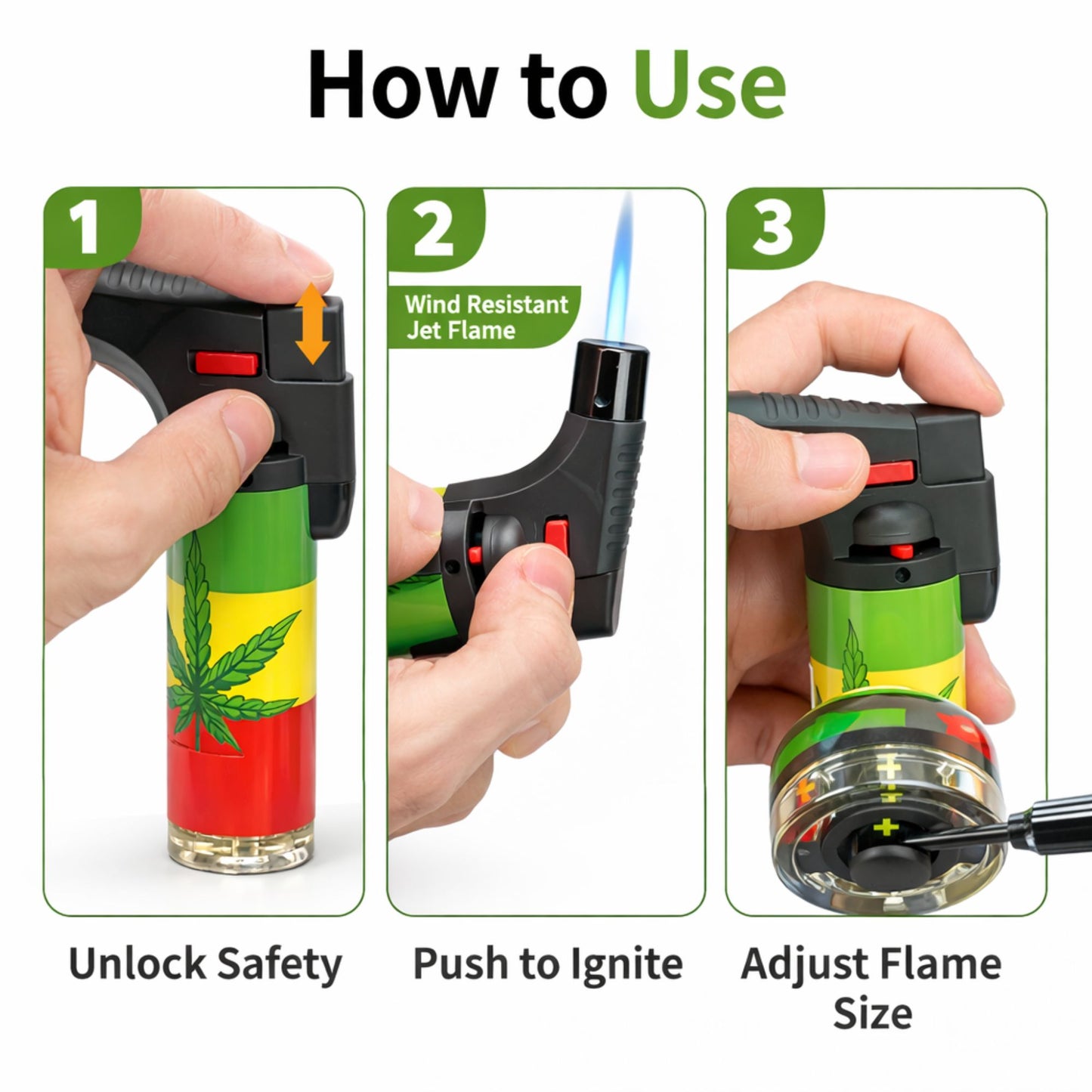 Instructions on how to use a colorful lighter with a wind-resistant jet flame.