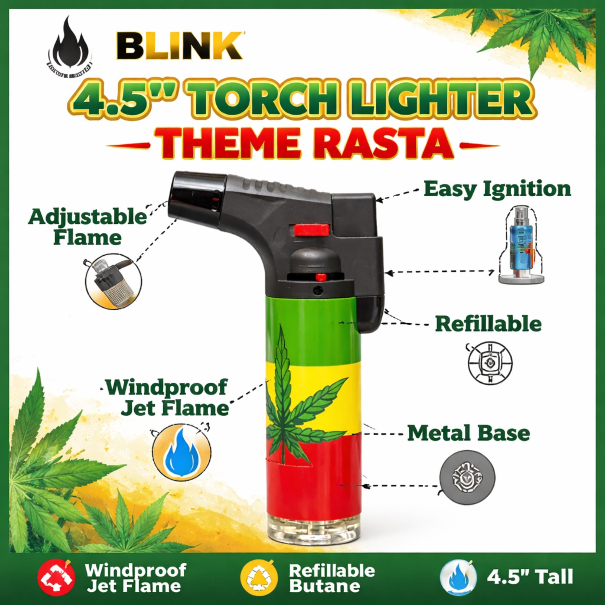 Blink 4.5" Torch Lighter – Rasta Theme Refillable Windproof Butane Flame Lighter Gas Lighters Home essential Lighter product