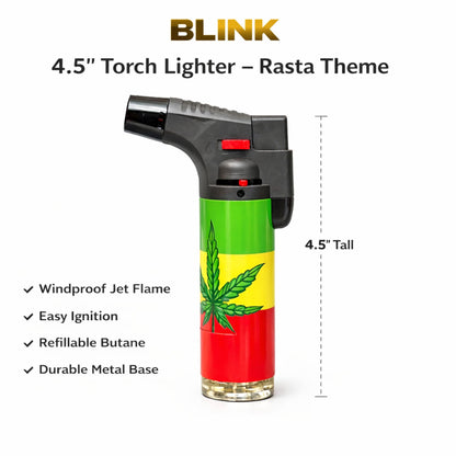 Blink 4.5" Torch Lighter with Rasta Theme on a white background