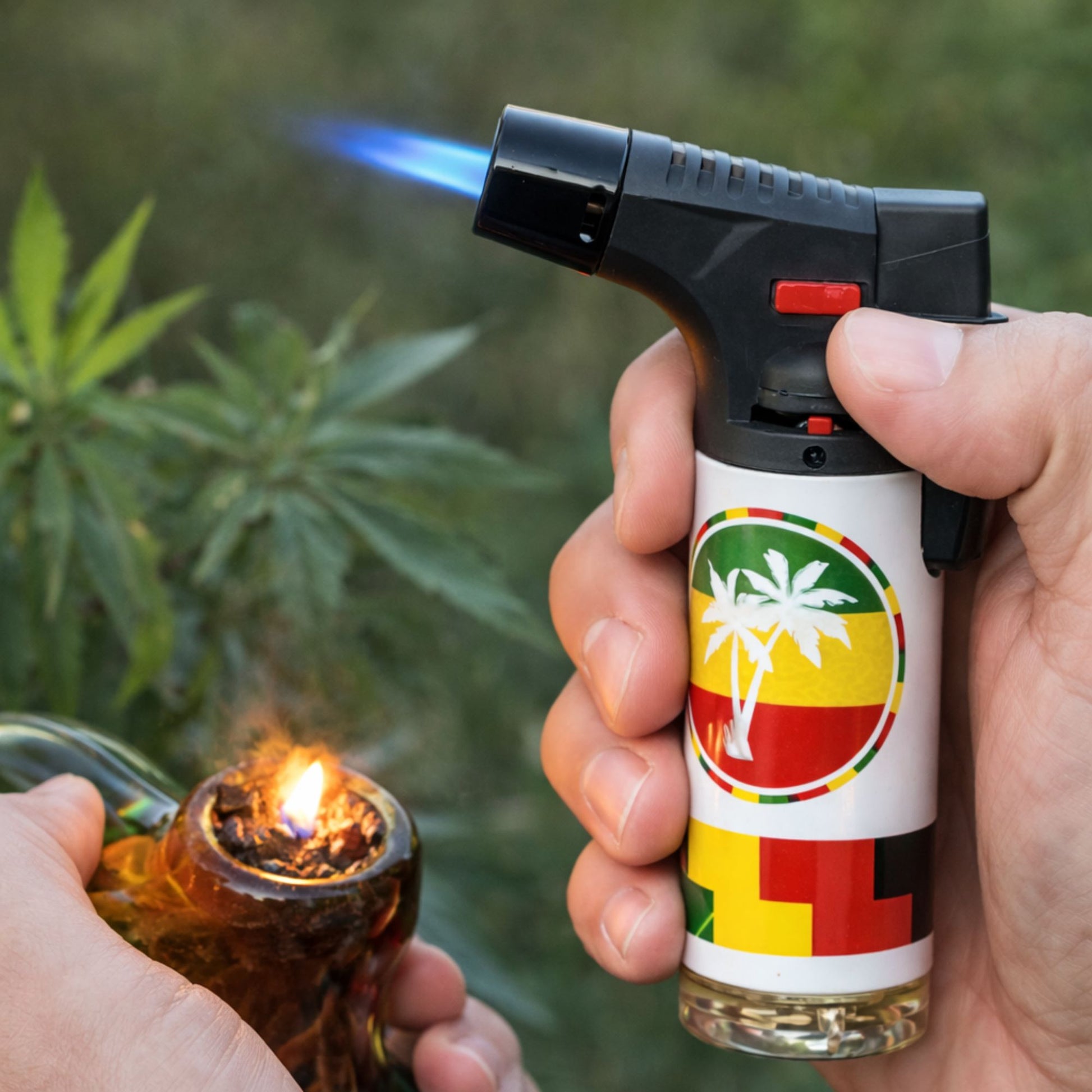 Hand holding a butane lighter with a colorful design, igniting a small fire.