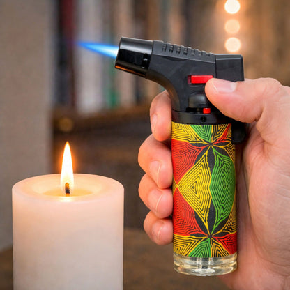 Hand holding a colorful打火机 over a lit candle with a blurred background