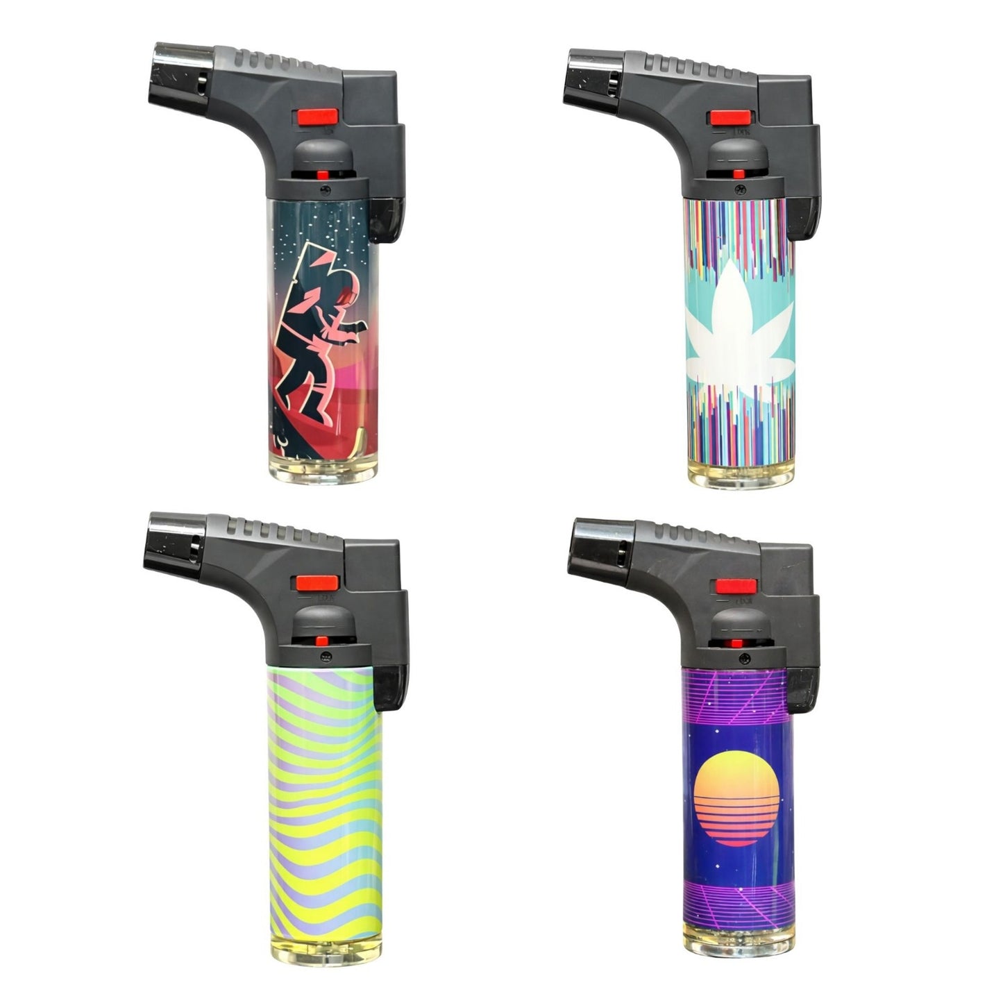 Four butane lighters with colorful designs on a white background