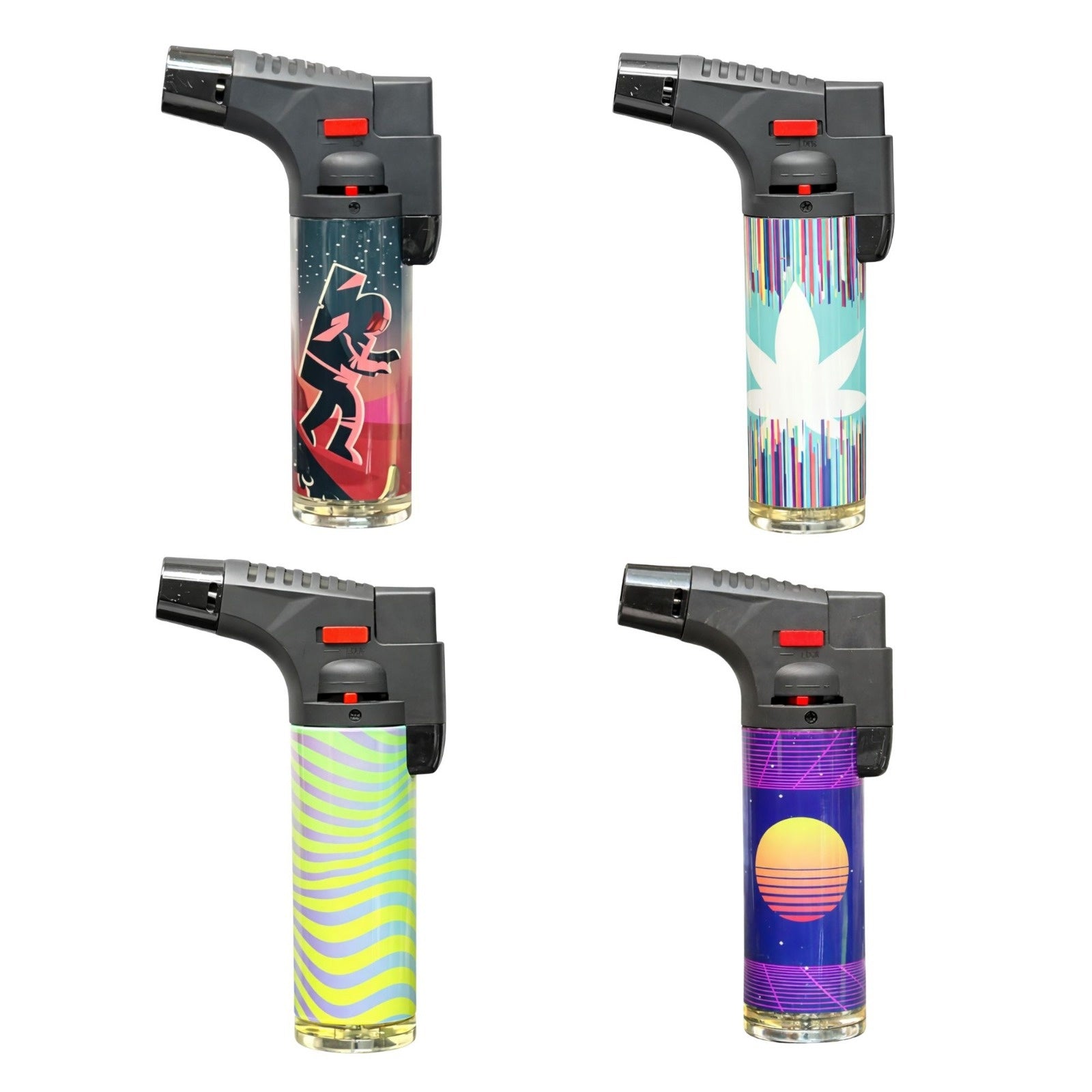 Four butane lighters with colorful designs on a white background
