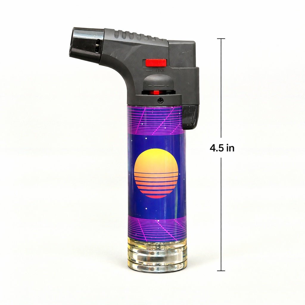 Butane lighter with sunset design and measurement label on a white background