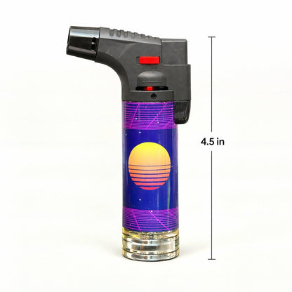 Butane lighter with sunset design and measurement label on a white background