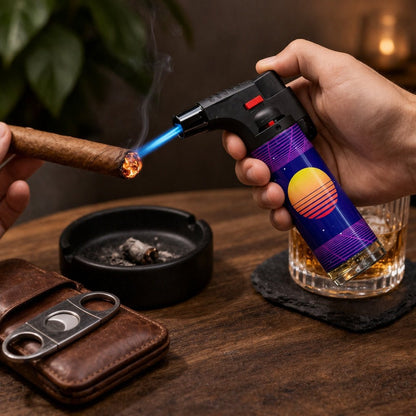 Hand using a purple butane lighter to light a cigar on a wooden table with an ashtray and glass of whiskey.