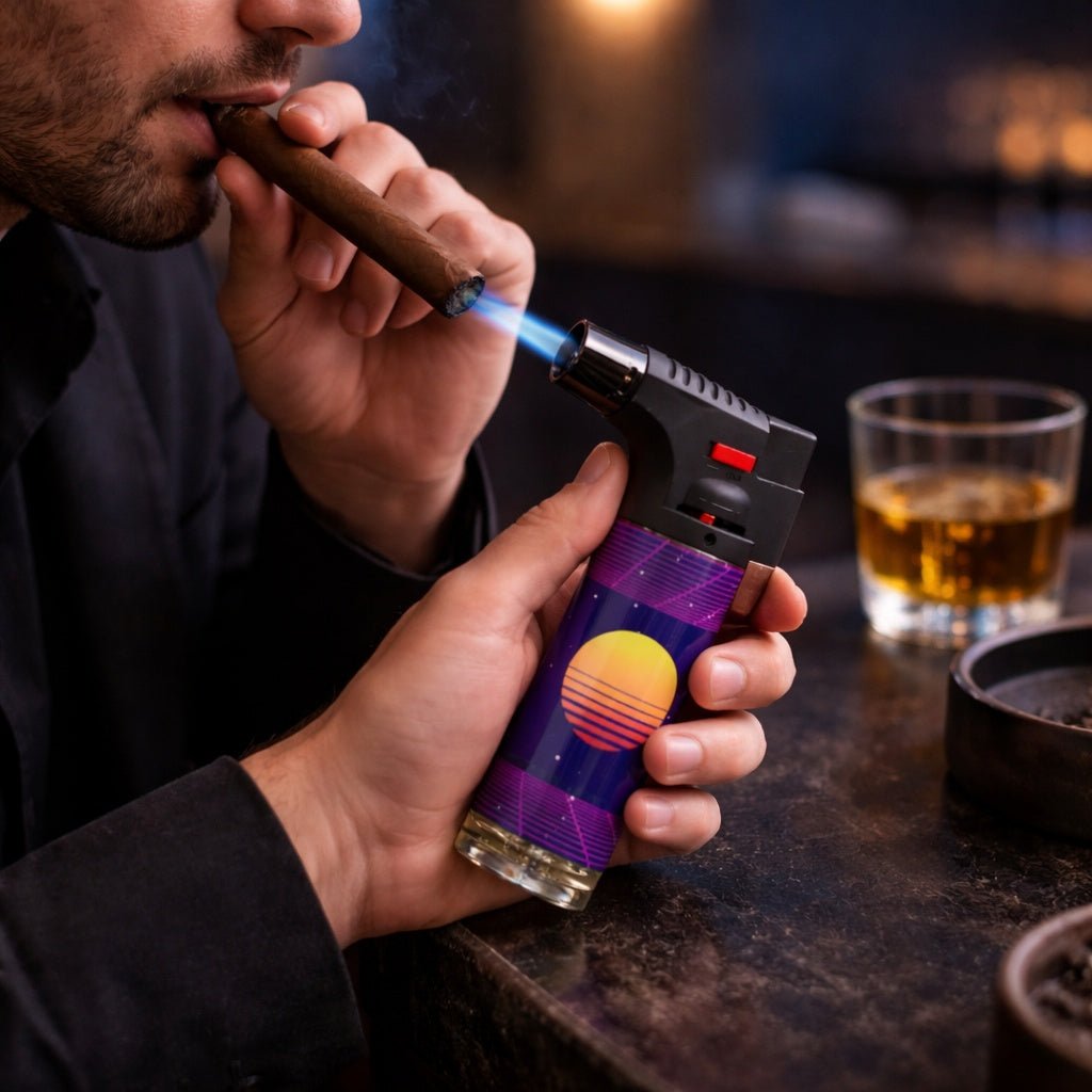 Person lighting a cigar with a colorful lighter, glass of whiskey in the background