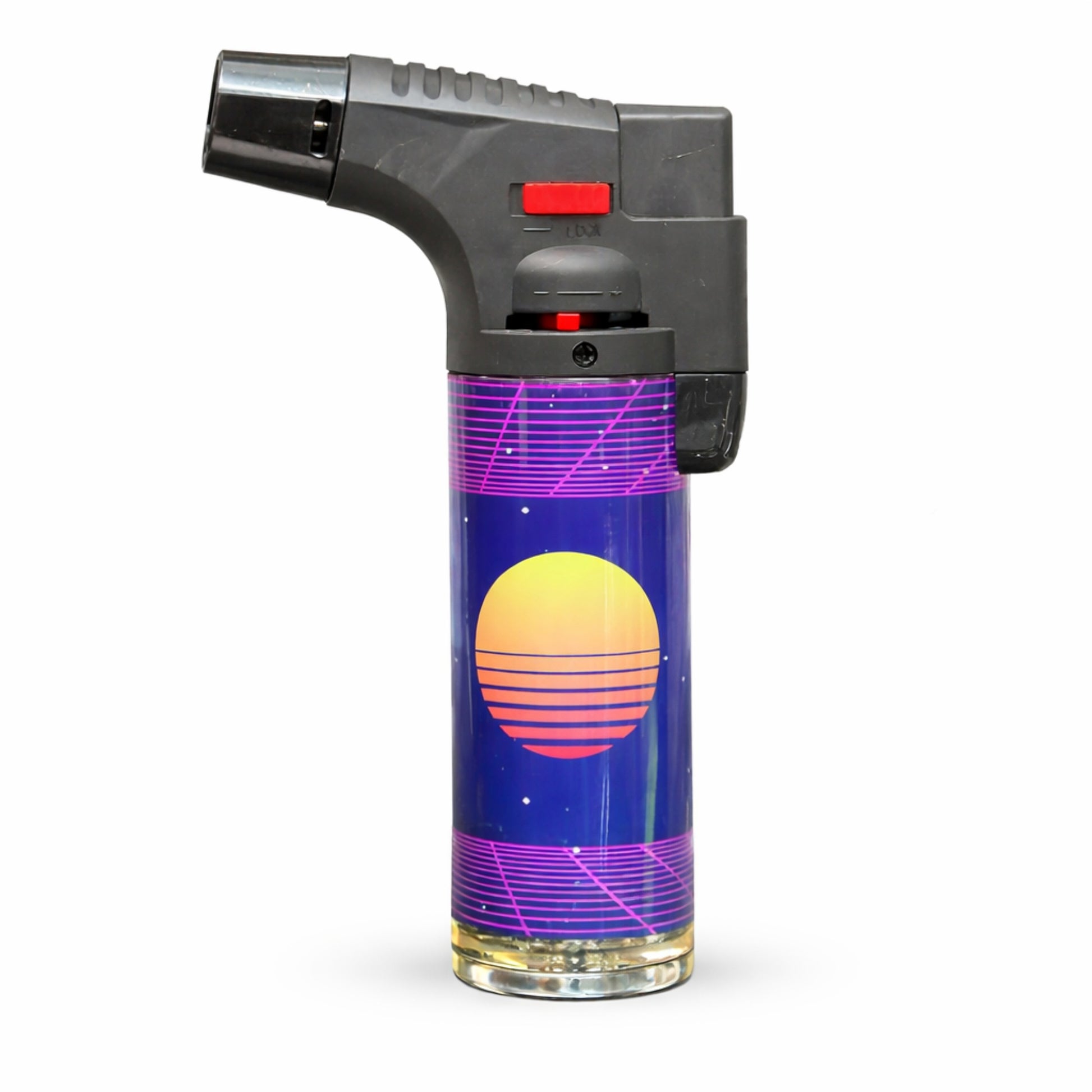 Butane lighter with a retro design featuring a sunset and grid pattern on a white background