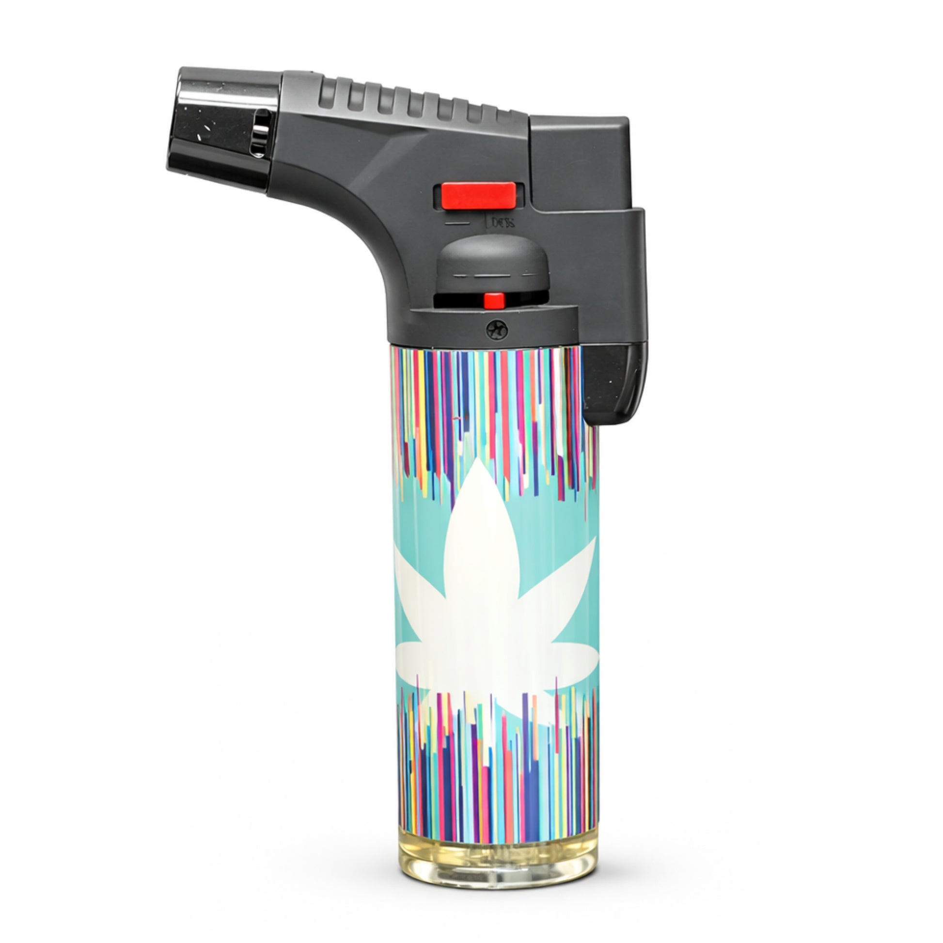 Butane lighter with colorful striped design and white leaf logo on a white background