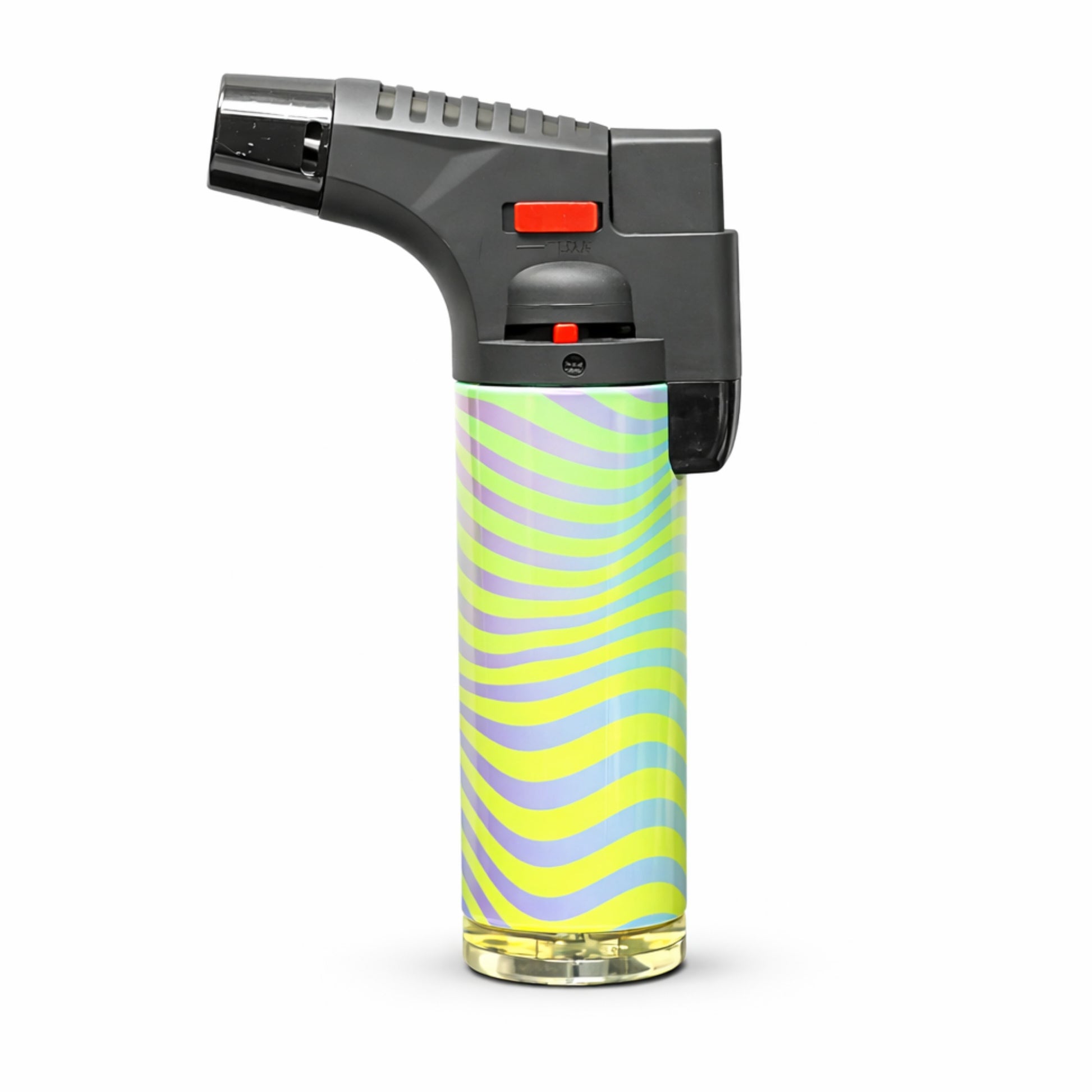 Butane lighter with colorful striped design on a white background