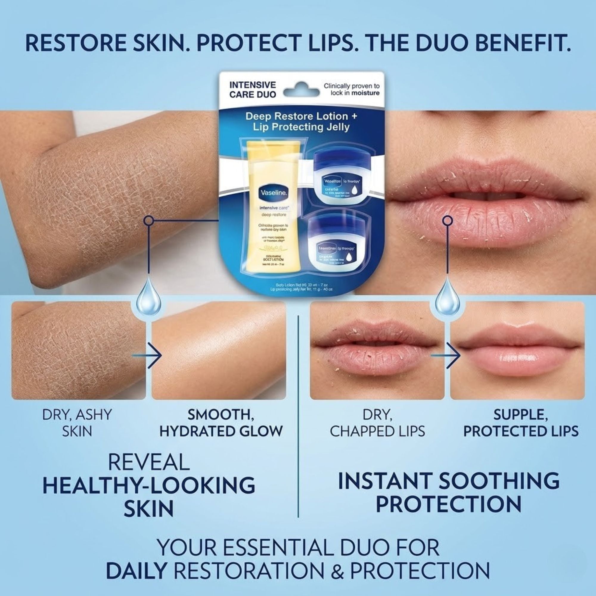 0.7 oz Vaseline Deep Restore Lotion + 0.42 oz Lip Jelly Value Pack Lip Vaseline lifestyle use image