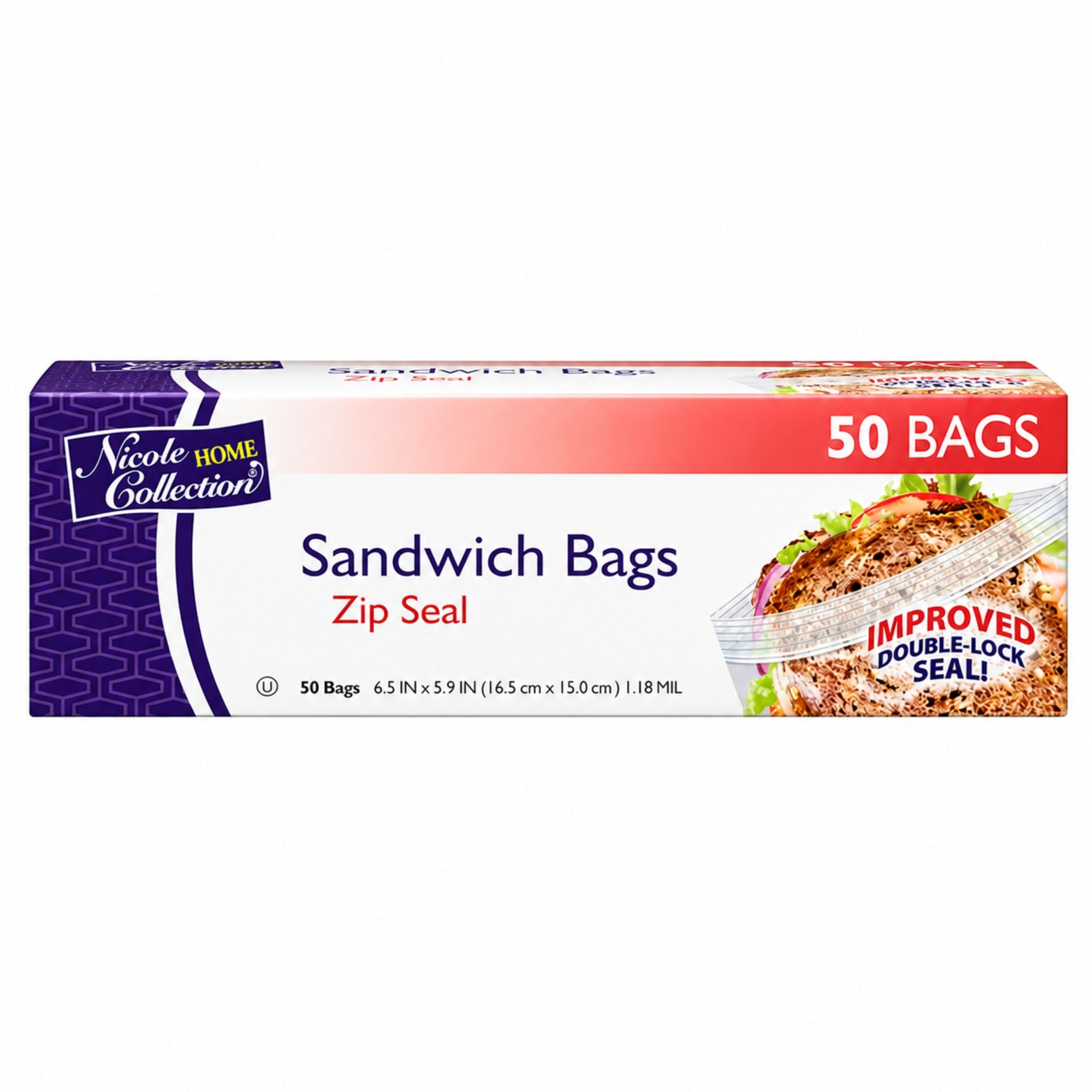 Nicole Home Collection 50 Count Sandwich Bags in a red and white box with an Improved Double-Lock Seal graphic.
