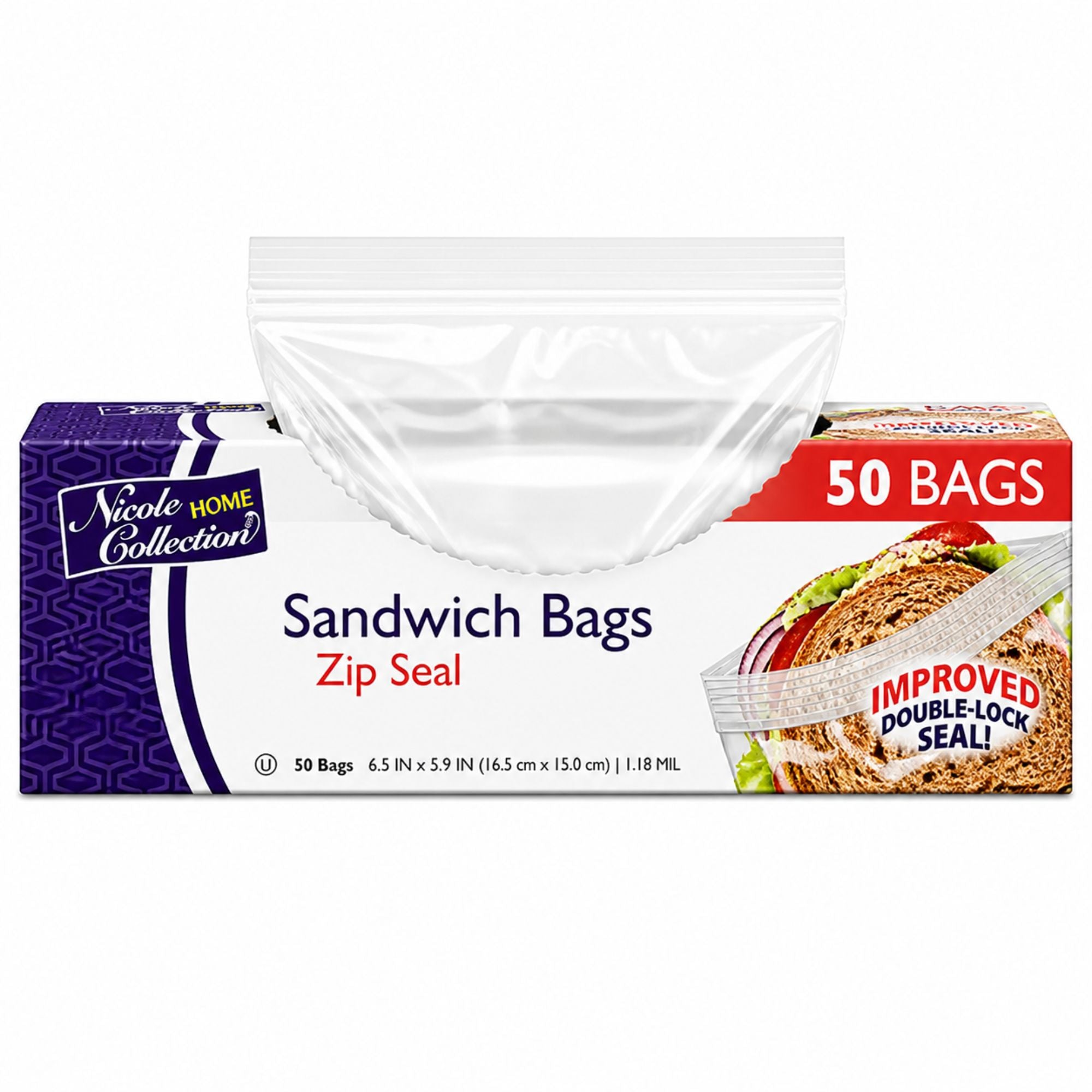 Nicole Home Collection 50 Count Sandwich Bags in a red and white box with an Improved Double-Lock Seal graphic.