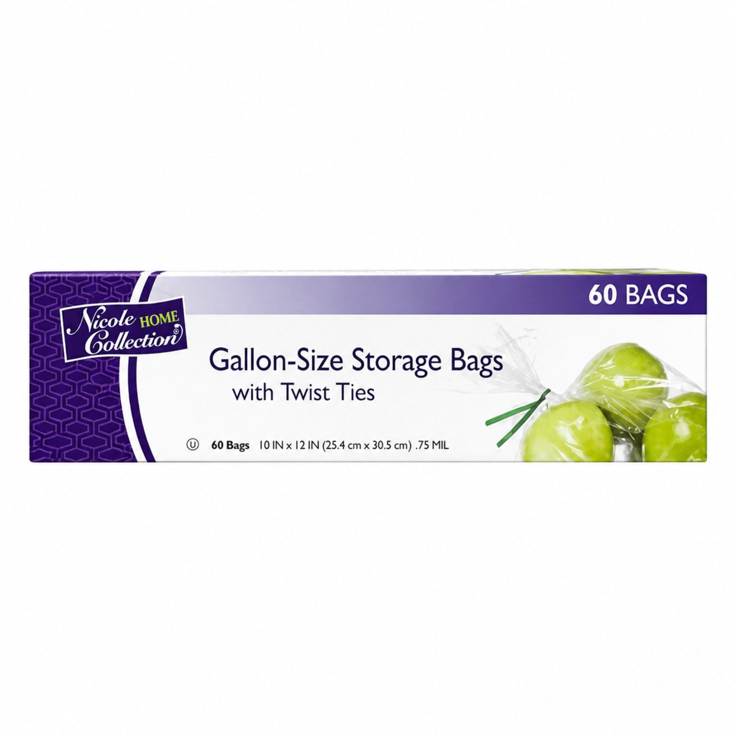 Nicole Home Collection 60 Count Gallon-Size Storage Bags in a purple and white box showing green apples and twist ties.