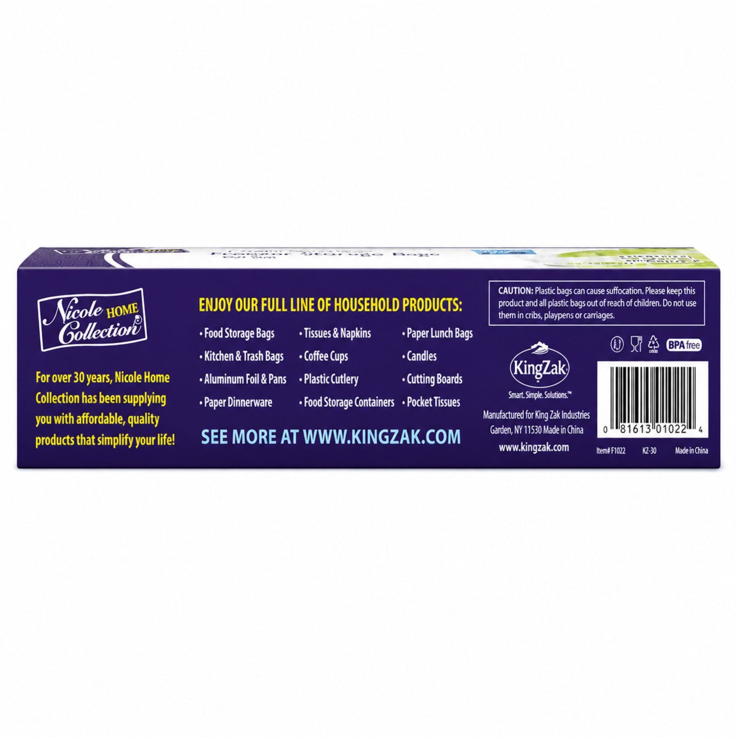Nicole Home Collection 60 Count Gallon-Size Storage Bags in a purple and white box showing green apples and twist ties.