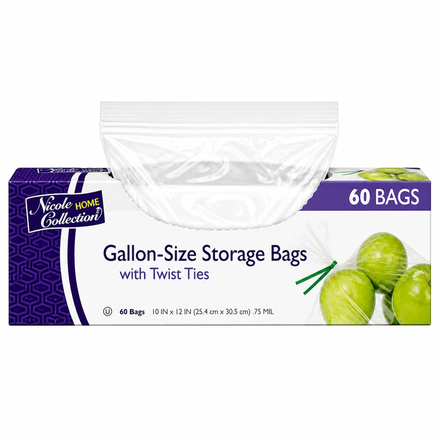 Nicole Home Collection 60 Count Gallon-Size Storage Bags in a purple and white box showing green apples and twist ties.