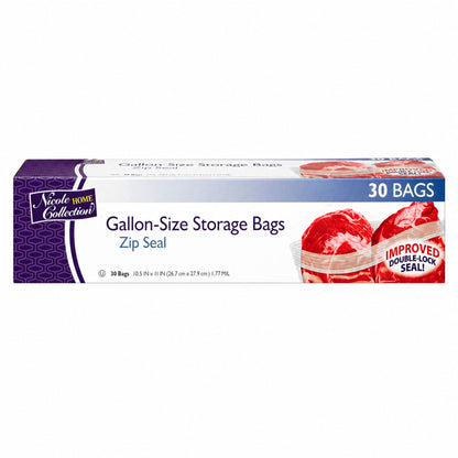 Nicole Home Collection 30 Count Gallon-Size Storage Bags in a purple and white box with "Improved Double-Lock Seal" graphic.
