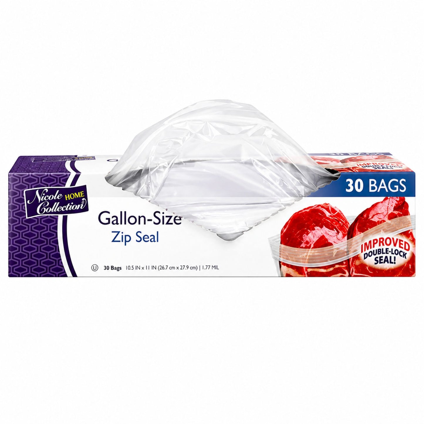 Nicole Home Collection 30 Count Gallon-Size Storage Bags in a purple and white box with "Improved Double-Lock Seal" graphic.
