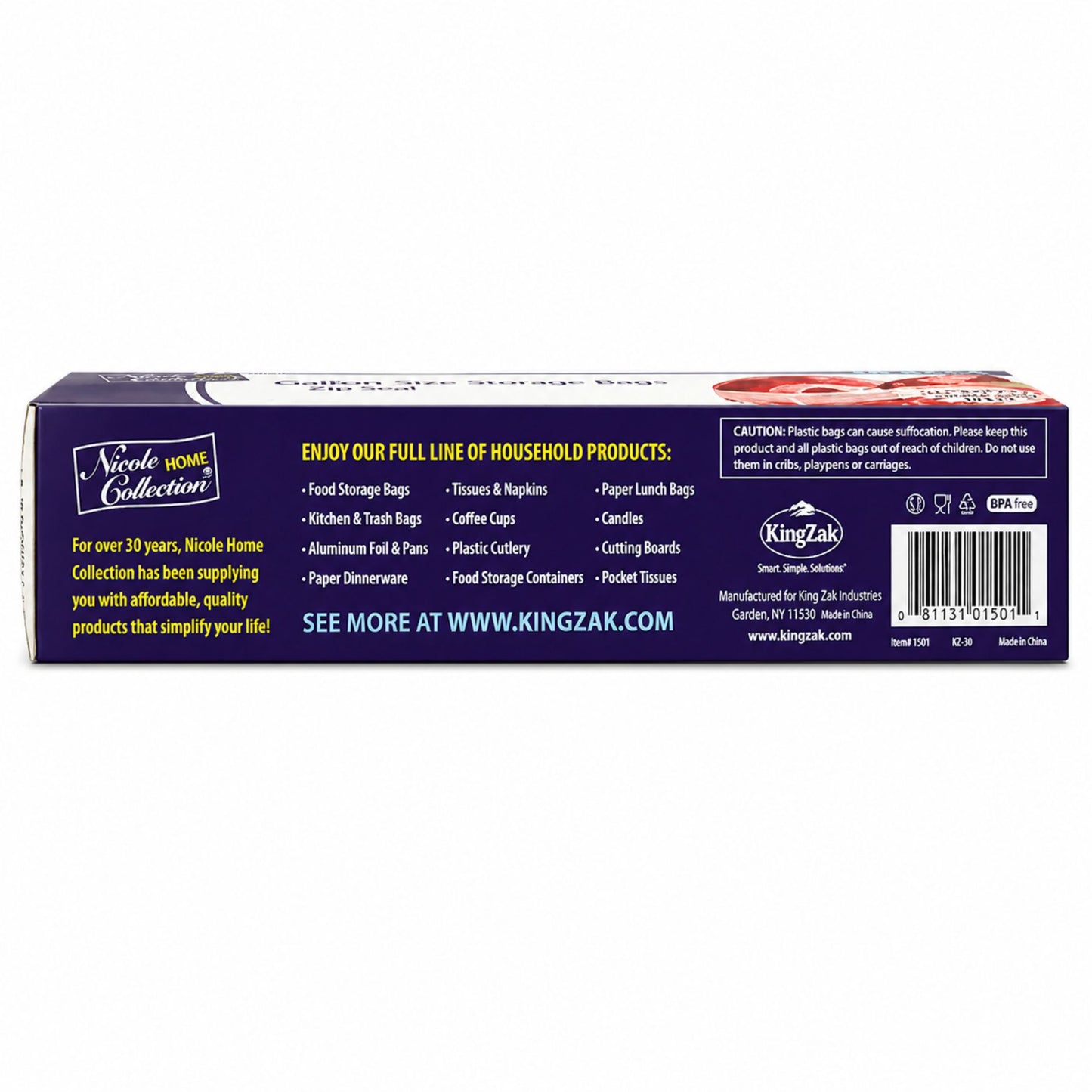 Nicole Home Collection 30 Count Gallon-Size Storage Bags in a purple and white box with "Improved Double-Lock Seal" graphic.